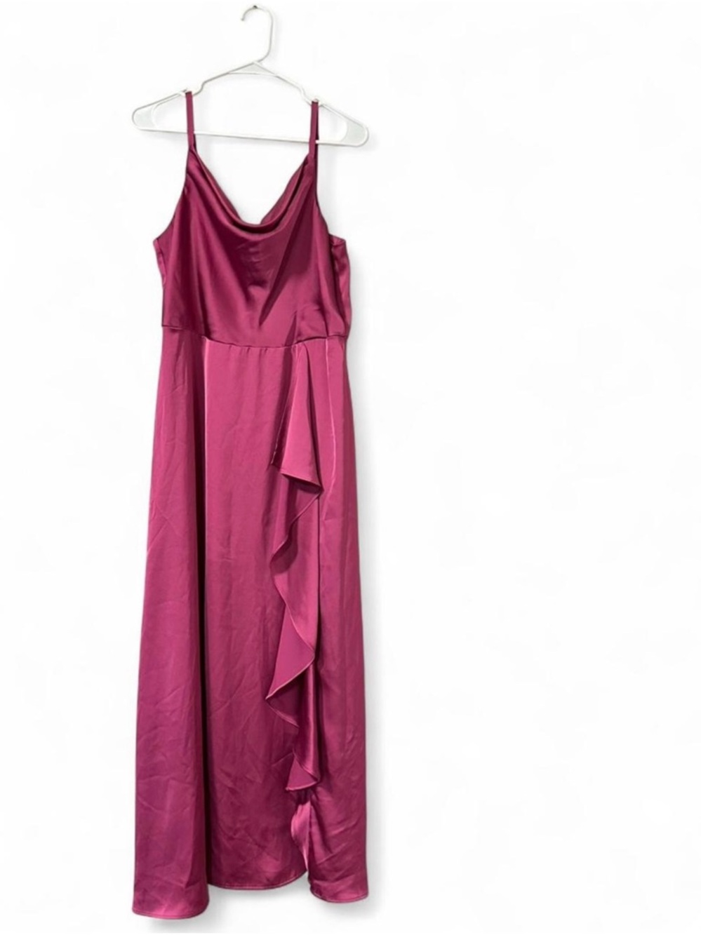 Nine West Fuchsia Satin Cowl Neck Maxi Dress with Ruffle. Size L.